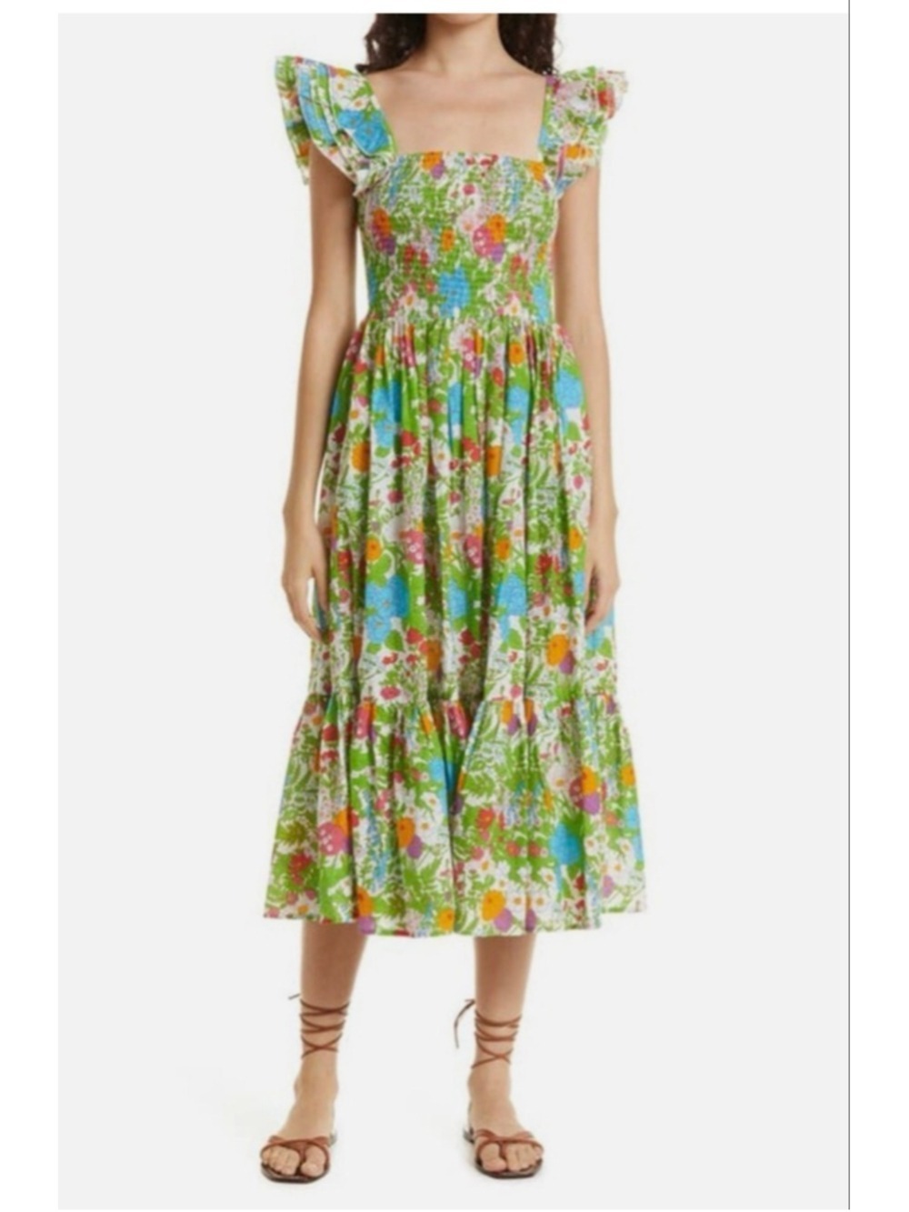 Women's Mille Floral Smocked Midi Dress XXS Green Multi-color